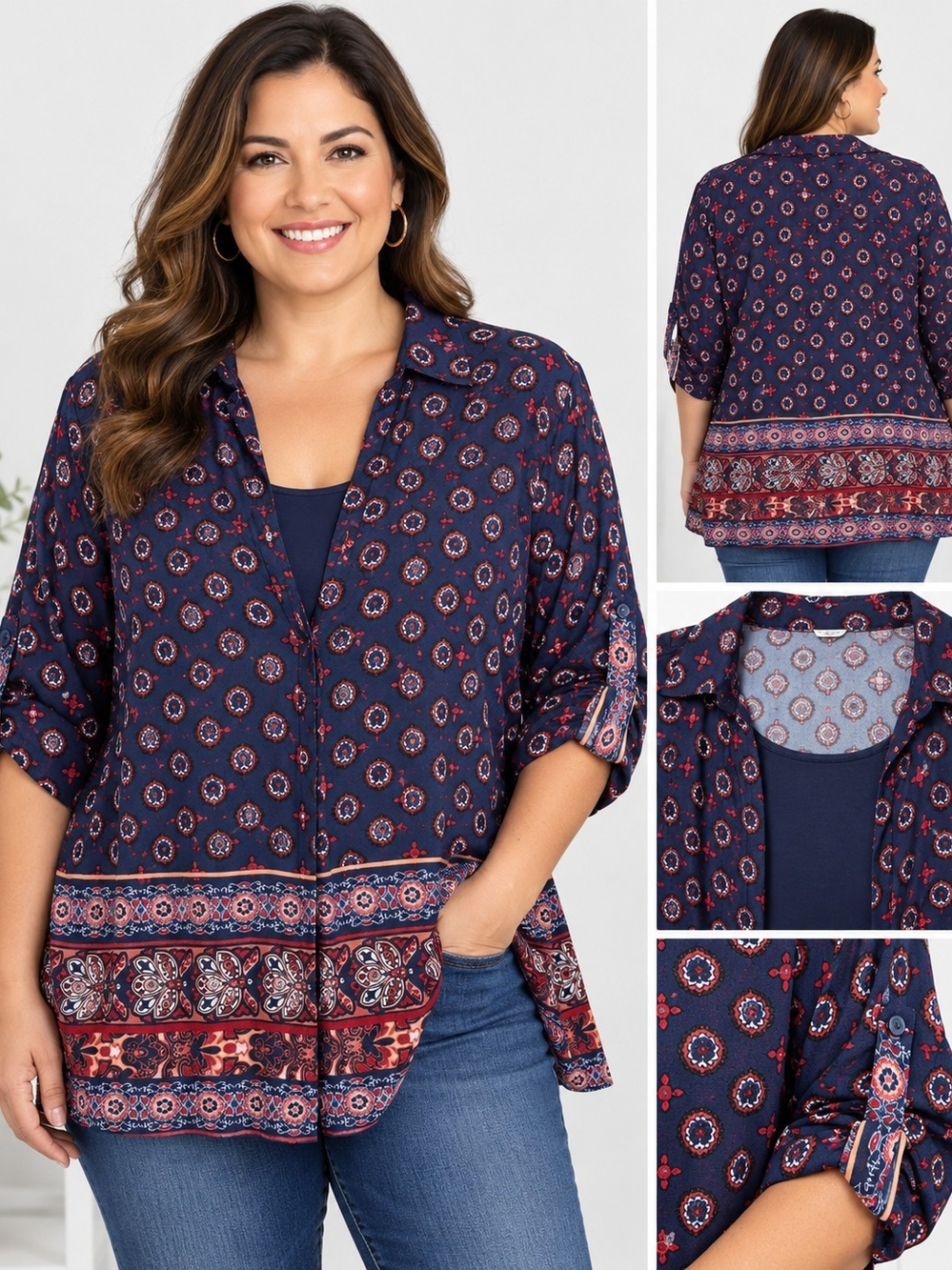 Perception Women 2X Layered Top Attached Tank Blue Red Paisley Short Sleeve